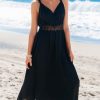 Women's Summer Casual Maxi Dress V Neck Sleeveless Contrast Lace Long Dress