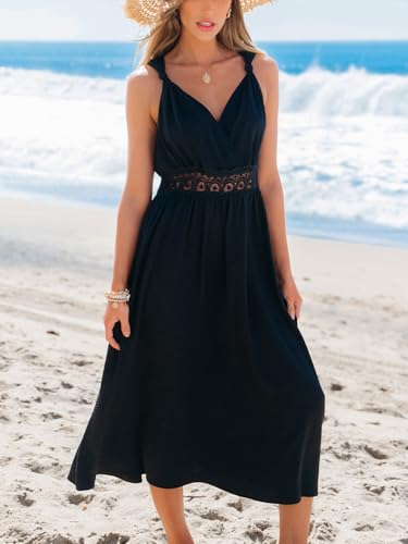 Women's Summer Casual Maxi Dress V Neck Sleeveless Contrast Lace Long Dress