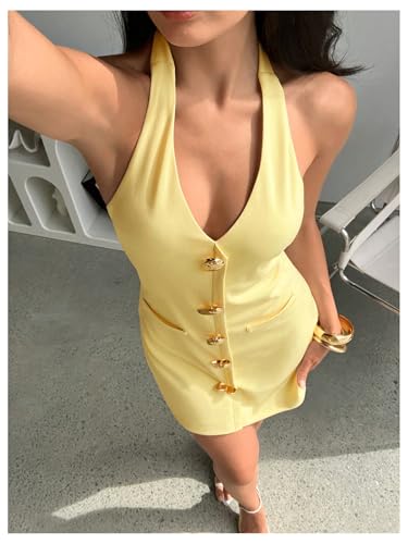 41U1kl0EsVL.jpg Women's Deep V Neck Halter Fitted Mini Dress Button Down Sleeveless Summer Vacation Dresses