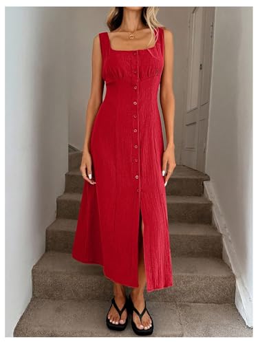 41UA3llMnhL.jpg Women's Square Neck Button Down Summer Dresses Bow Tie Elegant Midi Dress