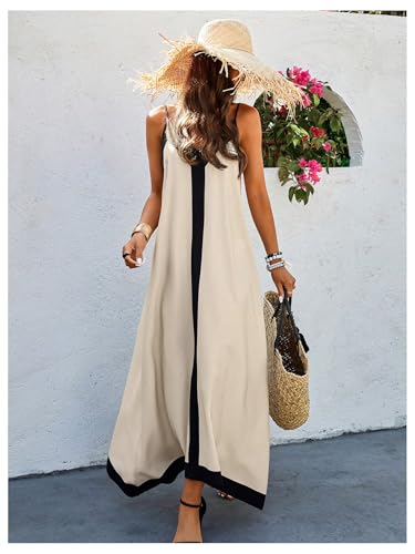 41UM2gRPj1L.jpg Women's Spaghetti Strap V Neck Color Block A Line Vacation Maxi Dress
