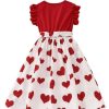 41UUBzRCNUL.jpg Girl's Cute Heart Print Belted High Waist Ruffle Hem Flared A Line Short Dress