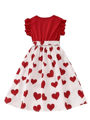 41UUBzRCNUL.jpg Girl's Cute Heart Print Belted High Waist Ruffle Hem Flared A Line Short Dress