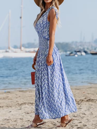 41UaKqA8l8L.jpg Women's Maxi Dress One Shoulder Sleeveless Smocked Floral Printed Self Tie Boho Long Dress Summer Dress Blue Floral, S