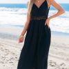 Women's Summer Casual Maxi Dress V Neck Sleeveless Contrast Lace Long Dress