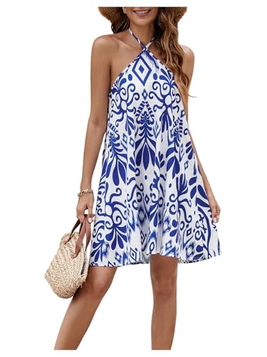 Women's Floral Print Halter Mini Dress Tie Backless Sleeveless Flowy Dresses