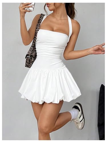 Women's Bubble Mini Dress Y2K Halter Backless Club Party Graduation Short Dresses with Shorts Underneath