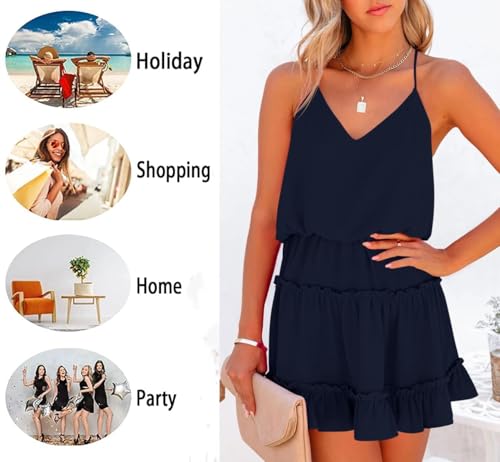 Womens V Neck Summer Mini Dress Sleeveless Ruffle Spaghetti Strap Racerback Flowy Beach Vacation Sundresses