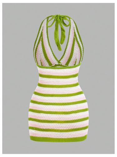 41VZUJ2zcvL.jpg Women's Striped Backless Halter Mini Dresses Sleeveless Bodycon Vacation Knit Dress
