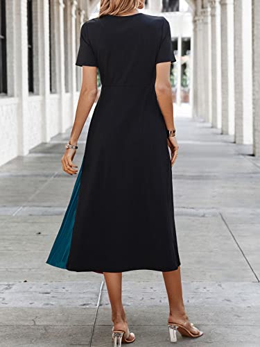 Women's Color Block Pleated Dress Casual Short Sleeve Round Neck A Line Midi Dresses