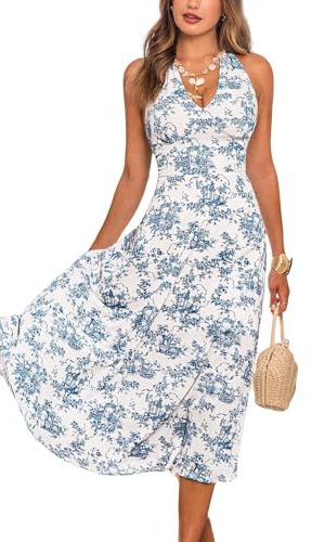 41WTJSHTONL.jpg Women Halter Floral Summer Dresses Plunge V Backless Sleeveless Casual Vacation Dress Beach Holiday Midi Sundress