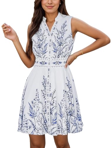 Womens Sleeveless V-Neck Floral Print Standing Collar Casual Mini Dress