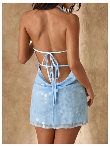 Women's Sequin Sparkly Halter Mini Dress Cowl Neck Draped Backless Sleeveless A Line Party Summer Dresses