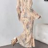 Women's Tie Dye Bodycon Dress Pleated Bell Sleeves Fishtail Party Long Dresses