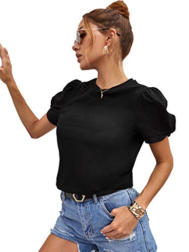 41Wz1Gi7IsL.jpg Women's Summer Short Puff Sleeve Tee Top Round Neck T-Shirt