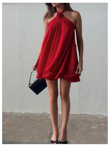 41XJJgt-iEL.jpg Women's Summer Halter Dress 3D Floral Ruffle Swing Flowy Beach Mini Dresses