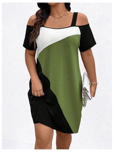 41XLUXK1xpL.jpg Women's Plus Size Dress Cold Shoulder Color Block Short Sleeve T Shirt Dress Casual Summer Dresses
