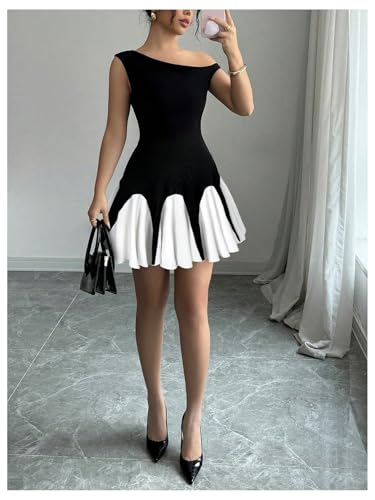 Women's Summer Off The Shoulder Mini Dress Color Block A Line Flared Cocktail Party Dresses