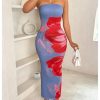 Women's Floral Print Tube Bodycon Long Dress Strapless Sleeveless Summer Maxi Dresses