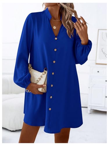 41Y-z2nTGL.jpg Women's V Neck Pullover Shirt Dress A Line Long Lantern Sleeve Flared Loose Mini Dresses
