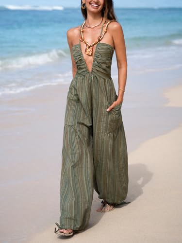 41YJNGnYsFL.jpg Women's Summer Jumpsuit Plunging Halter Sleeveless Striped Casual Dressy Outfit Wide Leg Pockets Maxi Overall