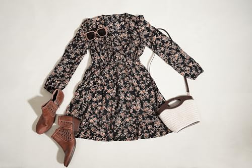 Women Floral Ruffle Summer Dress Surplice V Neck Long Peasant Sleeve Elastic Waist Flowy Casual Holiday Mini Dress