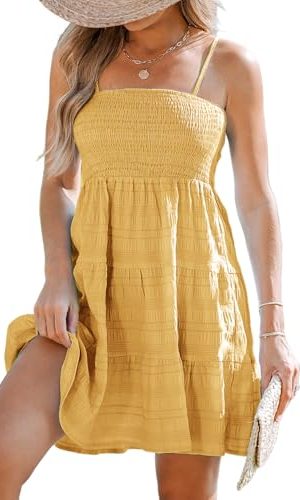 Women Ruffle Mini Summer Dress Spaghetti Straps Square Neck Backless Smocked Bodice A Line Spring Beach Dresses