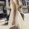 41YhD1hhuQL.jpg Women's Dress V Neck Flutter Sleeve Smocked Short A Line Casual Summer Knee Length Dress