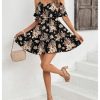 41YnAVnwFxL.jpg Women's Boho Floral Print Cold Shoulder Dress Short Sleeve Ruffle A Line Vacation Elegant Mini Dresses