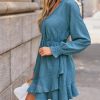 41Ypp4TjWBL.jpg Women's Ruffle Mini Fall Dress Smocked V Neck Tie Waist Long Lantern Sleeve Flounce Hem Casual Autumn Dresses