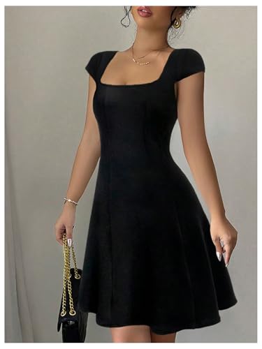 41ZCUIap7-L.jpg Women's Summer Dress Square Neck Cap Sleeve A Line Flared Short Dresses