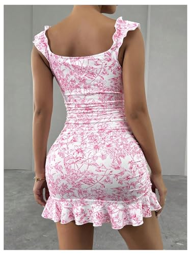 Women's Summer Floral Print Mini Dress Off The Shoulder Ruched Ruffle Hem Bodycon Dresses