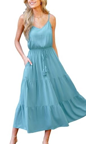41ZLtaD9qaL.jpg Women's Summer Dresses Casual V Neck Elastic Waist Maxi Tiered Dress with Pockets