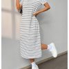 Women's Striped T Shirt Dress Crewneck Short Sleeve Split Hem Summer Midi Dresses
