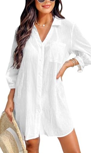 Women Swimsuit Coverup Button Down Casual Shirt Dress V Neck Beach Cover Ups with Pockets XS-XL