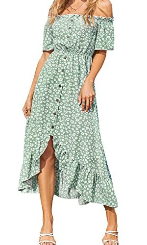 Dress for Women Maxi Dresses Off Shoulder Ditsy Floral Print Short Sleeve Frill A Line Dress