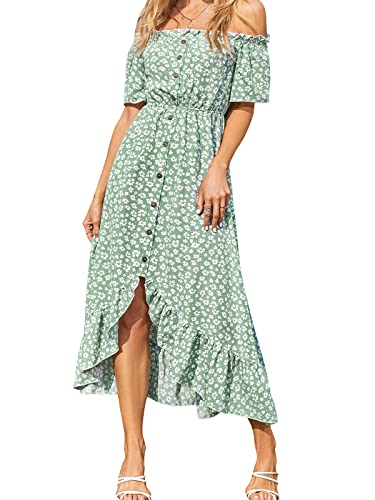 41ZmanEPE9L.jpg Dress for Women Maxi Dresses Off Shoulder Ditsy Floral Print Short Sleeve Frill A Line Dress