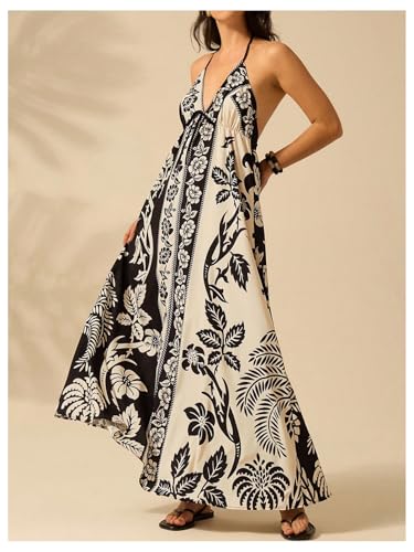 Women's Boho Floral Print Maxi Dress Halter Backless Flowy Long Vacation Beach Summer Dresses