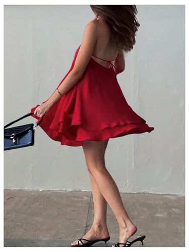 41aG3hI9fRL.jpg Women's Summer Halter Dress 3D Floral Ruffle Swing Flowy Beach Mini Dresses