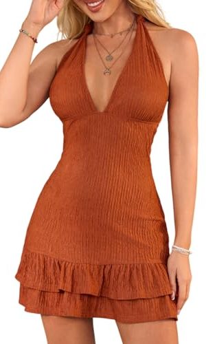 Women's Summer Halter Bodycon Mini Dress Sexy Deep V Ruffle Party Cocktail Cami Dresses