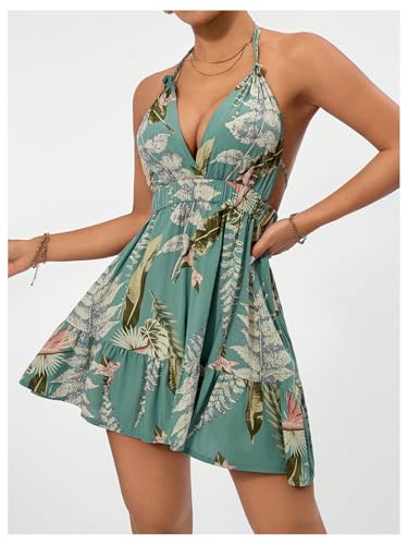 41aJPdmv1sL.jpg Women's Deep V Neck Ruffle Halter Dress Sleeveless A Line Boho Summer Dresses