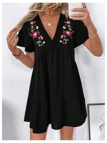 41aM1-k2QdL.jpg Women's Summer Dress Floral Embroidery V Neck Short Sleeve Ruffle Hem Babydoll Flowy Loose Mini Dresses