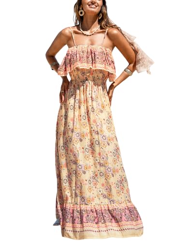 Women Ruffle Floral Summer Dress Spaghetti Strap Backless Flounce Casual Sundress Beach Holiday Maxi Dress