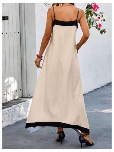 41abgdPPn5L.jpg Women's Spaghetti Strap V Neck Color Block A Line Vacation Maxi Dress