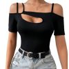41anKp9E2DL.jpg Women's Cut Out Top Cold Shoulder Short Sleeve Fitted Solid T Shirts