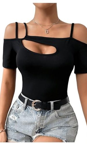 41anKp9E2DL.jpg Women's Cut Out Top Cold Shoulder Short Sleeve Fitted Solid T Shirts
