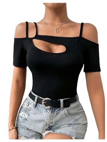 41anKp9E2DL.jpg Women's Cut Out Top Cold Shoulder Short Sleeve Fitted Solid T Shirts