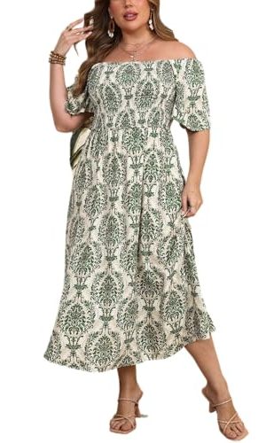Women's Plus Size Casual Summer Midi Dress Square Neck Short Sleeves Smocked Waist with Pockets