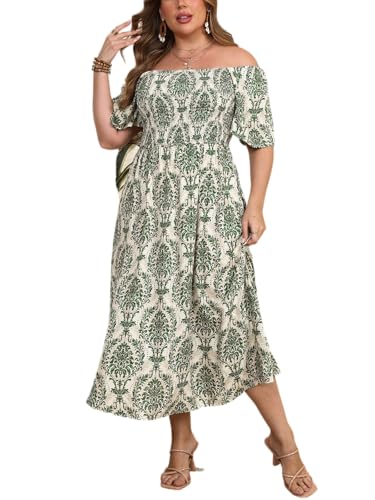41apBWJNuGL.jpg Women's Plus Size Casual Summer Midi Dress Square Neck Short Sleeves Smocked Waist with Pockets