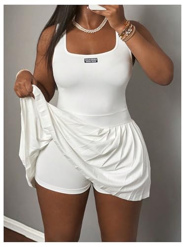 Women's Square Neck Tennis Dress Sleeveless Pleated A Line Summer Mini Dresses with Built in Shorts